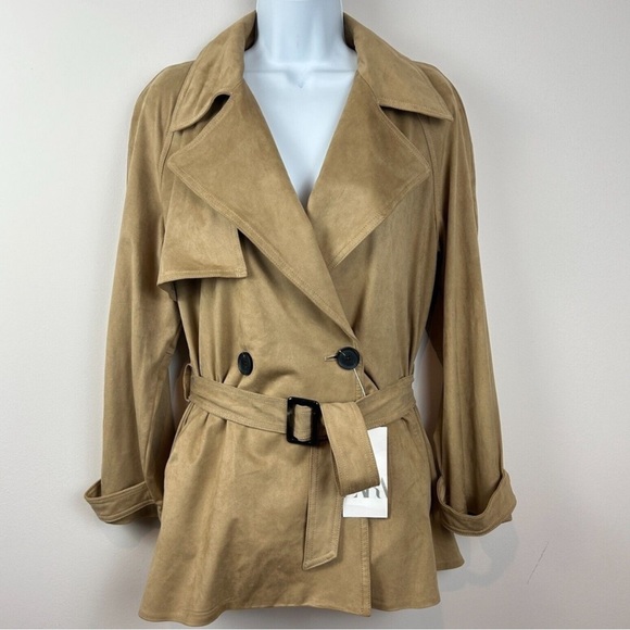 Zara Jackets & Blazers - ZARA NWT Faux Suede Camel / Tan Double Breasted belted Trench Coat jacket